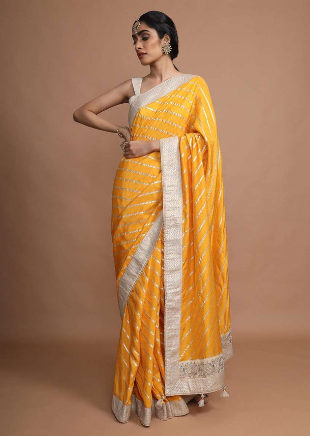 Amber Yellow Saree In Silk With Gotta Work Stripes And Border Online - Kalki Fashion