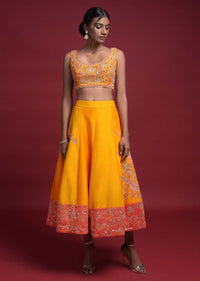 Amber Yellow Short Lehenga Choli In Raw Silk With Orange Border And Zardozi Work Online - Kalki Fashion