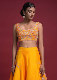 Amber Yellow Short Lehenga Choli In Raw Silk With Orange Border And Zardozi Work Online - Kalki Fashion