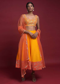 Amber Yellow Short Lehenga Choli In Raw Silk With Orange Border And Zardozi Work Online - Kalki Fashion