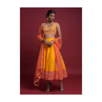 Amber Yellow Short Lehenga Choli In Raw Silk With Orange Border And Zardozi Work Online - Kalki Fashion