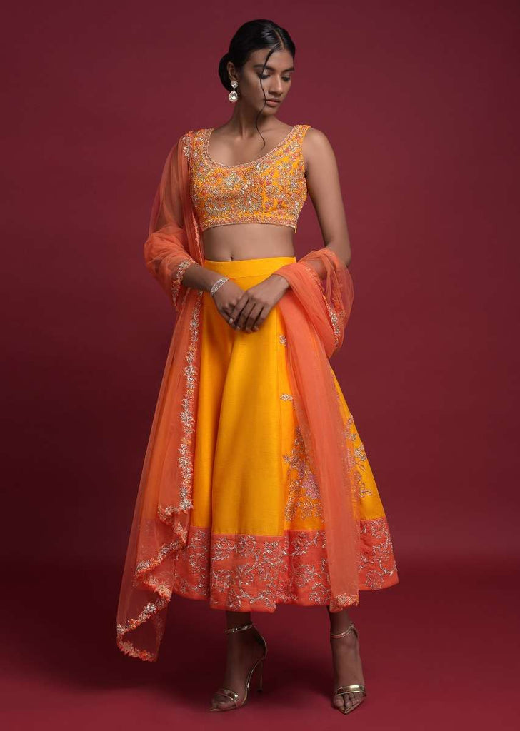 Amber Yellow Short Lehenga Choli In Raw Silk With Orange Border And Zardozi Work Online - Kalki Fashion