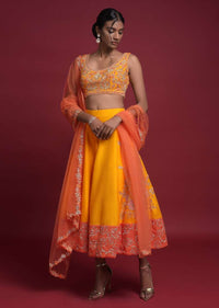 Amber Yellow Short Lehenga Choli In Raw Silk With Orange Border And Zardozi Work Online - Kalki Fashion