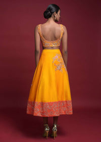 Amber Yellow Short Lehenga Choli In Raw Silk With Orange Border And Zardozi Work Online - Kalki Fashion