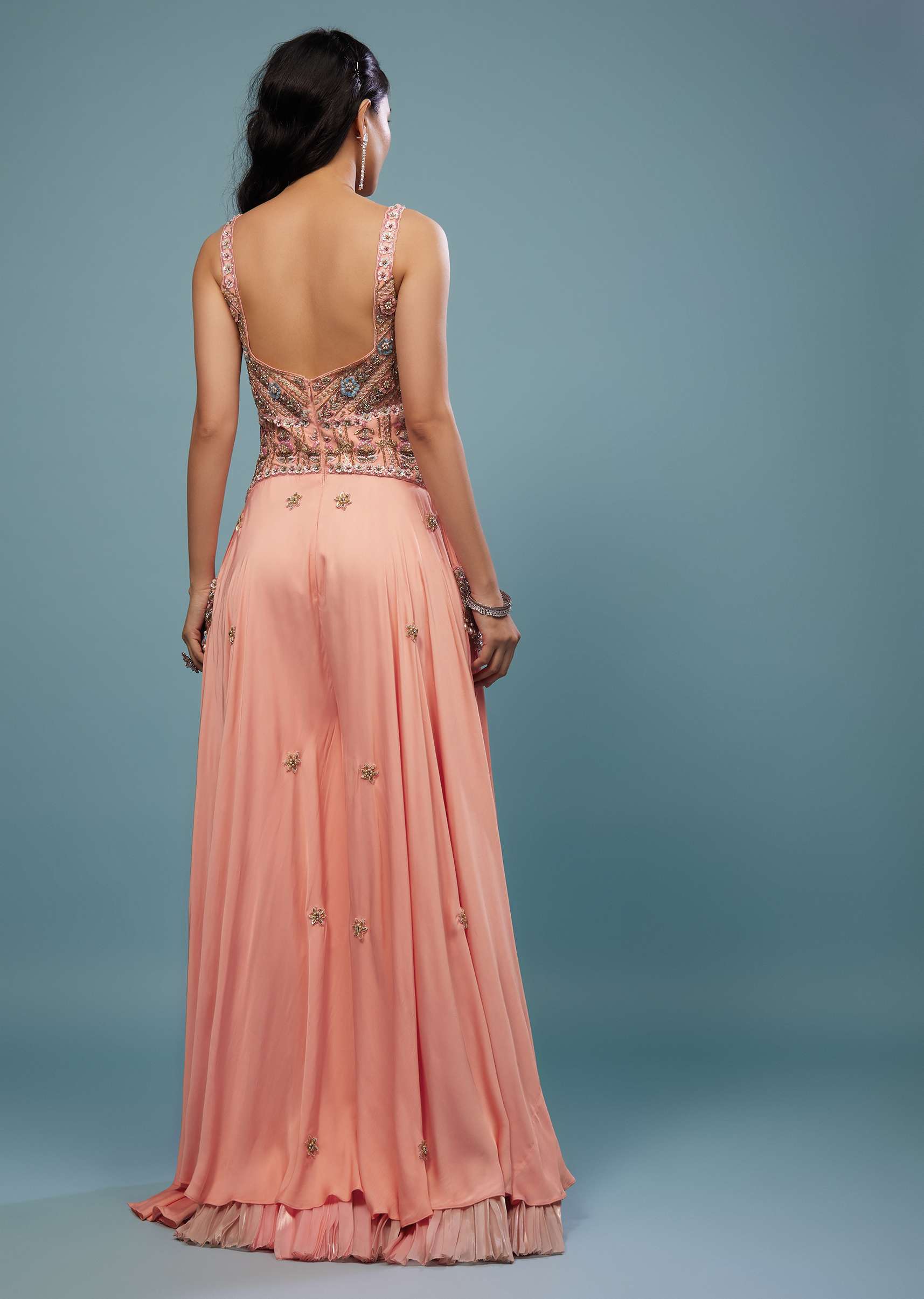 Peach Pink Embroidered Jumpsuit In Satin