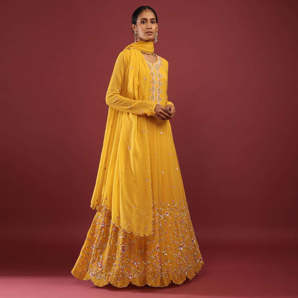 Amber Yellow Anarkali Suit In Georgette With Multicolored Sequin Embroidered Floral Design