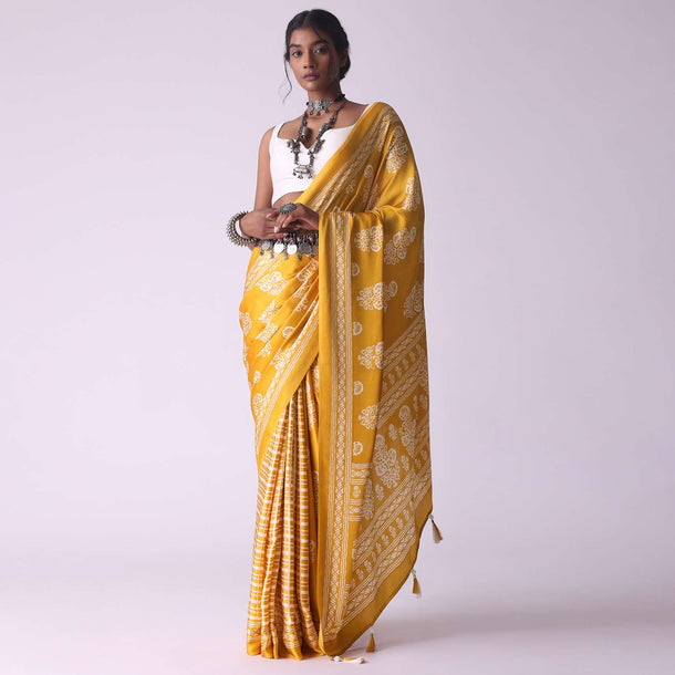 Amber Yellow Batic Printed Crepe Saree