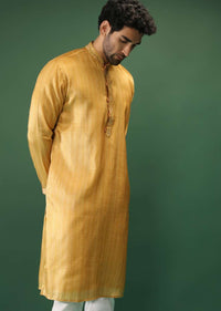 Amber Yellow Kurta Set In Silk With Stripe Print And Multi Colored Thread Work In Floral Motifs On The Placket Online - Kalki Fashion