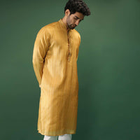 Amber Yellow Kurta Set In Silk With Stripe Print And Multi Colored Thread Work In Floral Motifs On The Placket Online - Kalki Fashion
