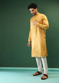 Amber Yellow Kurta Set In Silk With Stripe Print And Multi Colored Thread Work In Floral Motifs On The Placket Online - Kalki Fashion