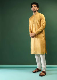 Amber Yellow Kurta Set In Silk With Stripe Print And Multi Colored Thread Work In Floral Motifs On The Placket Online - Kalki Fashion