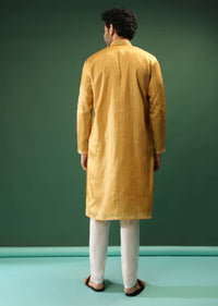 Amber Yellow Kurta Set In Silk With Stripe Print And Multi Colored Thread Work In Floral Motifs On The Placket Online - Kalki Fashion