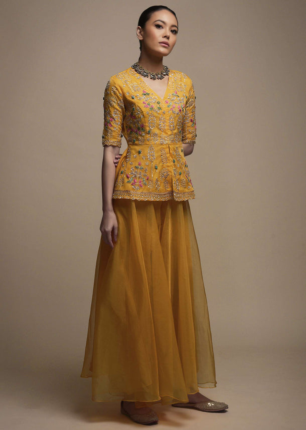 Dark Amber Yellow Palazzo Suit In Organza With Matching Peplum Top Adorned In Zari And Thread Work