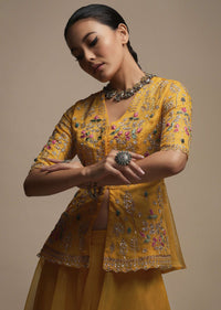 Dark Amber Yellow Palazzo Suit In Organza With Matching Peplum Top Adorned In Zari And Thread Work