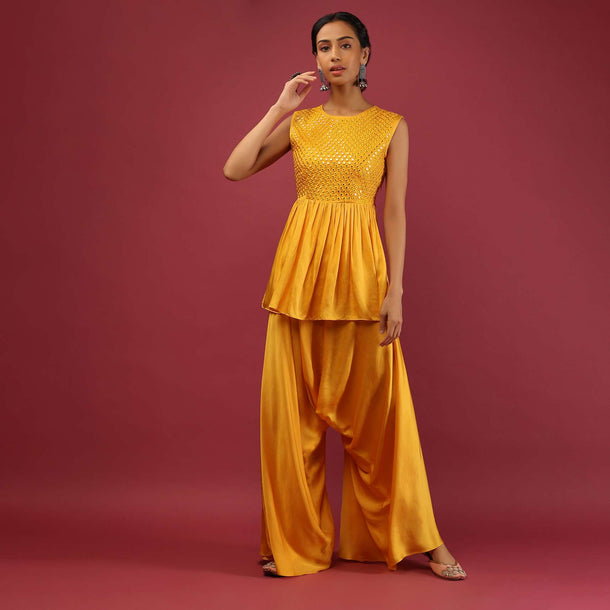 Amber Yellow Peplum Kurta And Cowl Dhoti Suit Set With Mirror Abla Embroidery