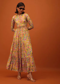 Amber Yellow Santoon Kurti With Floral Print And Belt