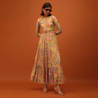 Amber Yellow Santoon Kurti With Floral Print And Belt