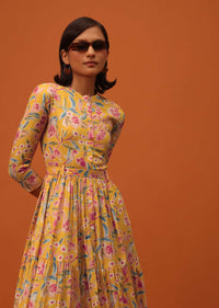 Amber Yellow Santoon Kurti With Floral Print And Belt