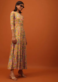 Amber Yellow Santoon Kurti With Floral Print And Belt