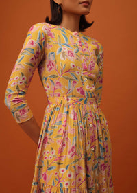 Amber Yellow Santoon Kurti With Floral Print And Belt