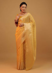 Chrome Amber Yellow Saree In Cotton And Banarasi Chanderi Butti Woven Pattern