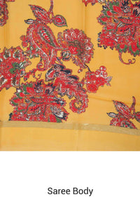 Amber yellow saree in satin with big floral print only on Kalki