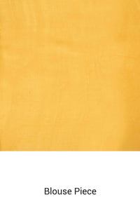 Amber yellow saree in satin with big floral print only on Kalki
