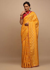 Amber Yellow Saree In Silk With Lurex Woven Chevron Design And Thin Border Along With Unstitched Blouse