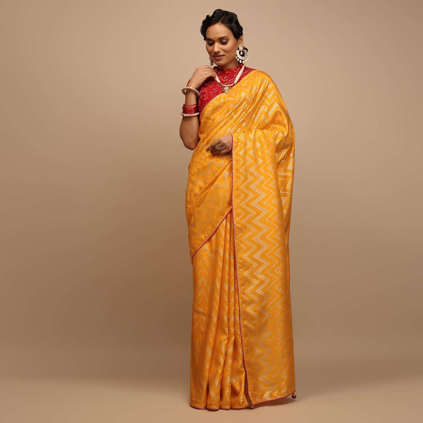 Amber Yellow Saree In Silk With Lurex Woven Chevron Design And Thin Border Along With Unstitched Blouse