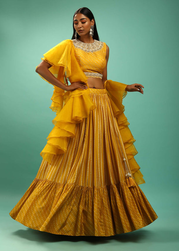 Amber Yellow Crop Top And Lehenga Set With Bandhani Print And Moti Work