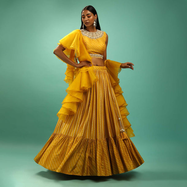 Amber Yellow Crop Top And Lehenga Set With Bandhani Print And Moti Work