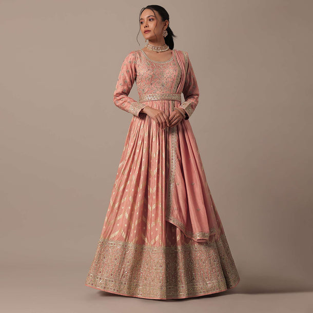 Peach Silk Sequin Embellished Anarkali Set With Belt