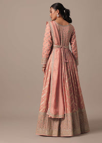 Peach Silk Sequin Embellished Anarkali Set With Belt