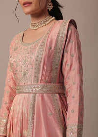 Peach Silk Sequin Embellished Anarkali Set With Belt