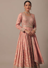 Peach Silk Sequin Embellished Anarkali Set With Belt