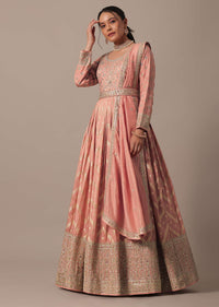 Peach Silk Sequin Embellished Anarkali Set With Belt