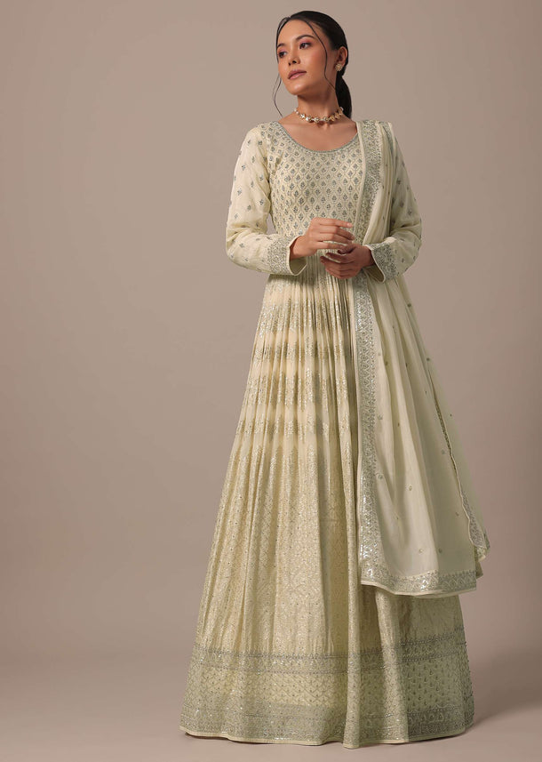 White Banarasi Silk Anarkali Set