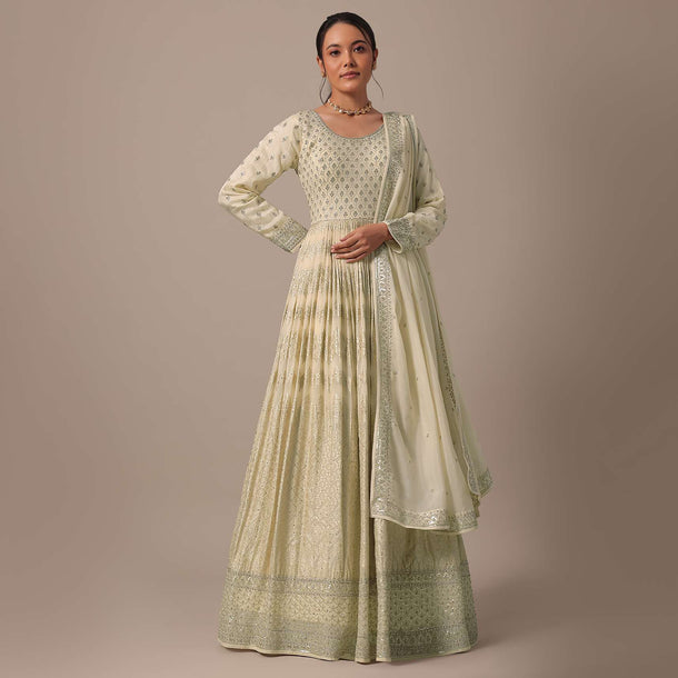 White Banarasi Silk Anarkali Set