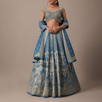 Blue Banarasi Silk Lehenga Set With Hanging Tassels