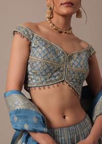 Blue Banarasi Silk Lehenga Set With Hanging Tassels