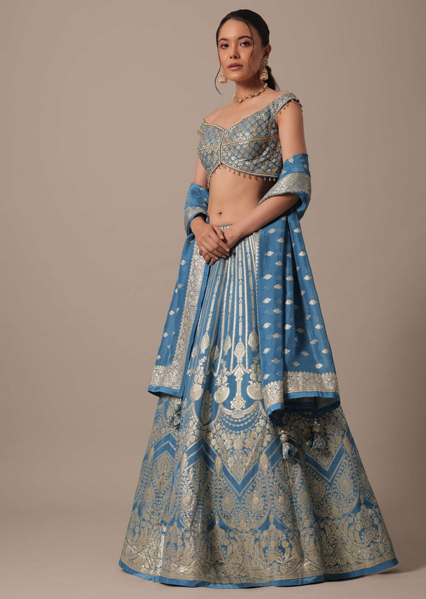 Blue Banarasi Silk Lehenga Set With Hanging Tassels