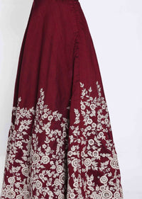 Anarkali suit in maroon raw silk with embroidered belt only on Kalki