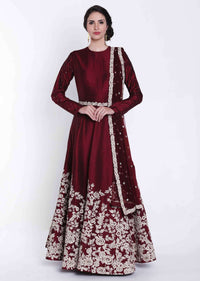 Anarkali suit in maroon raw silk with embroidered belt only on Kalki