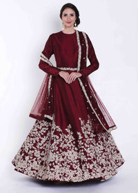 Anarkali suit in maroon raw silk with embroidered belt only on Kalki