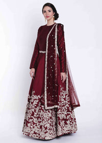 Anarkali suit in maroon raw silk with embroidered belt only on Kalki