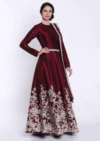 Anarkali suit in maroon raw silk with embroidered belt only on Kalki