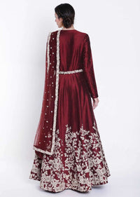 Anarkali suit in maroon raw silk with embroidered belt only on Kalki