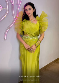 Lime Green Saree In Crepe With Elaborate Ruffle Sleeved Crop Top And Heavy Stone Embroidered Belt