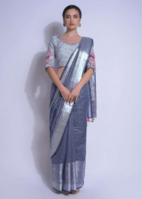 Anchor Grey Saree In Chanderi Silk With Weaved Checks And Floral Pattern Online - Kalki Fashion