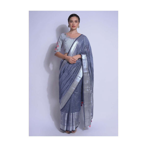 Anchor Grey Saree In Chanderi Silk With Weaved Checks And Floral Pattern Online - Kalki Fashion